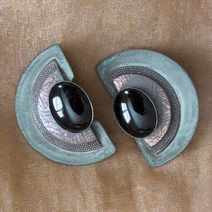 Handmade copper clip on earrings with black stone